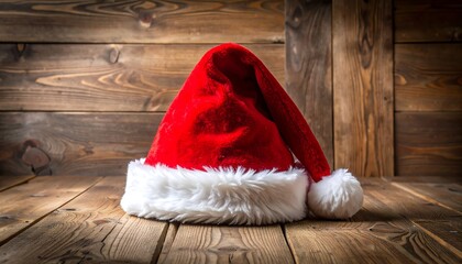 Santas Hat on Rustic Wood with Festive Christmas Season, and Holiday Decor.