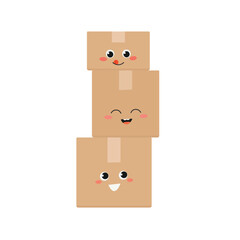 Stacked cartoon cardboard boxes with cute cheerful faces