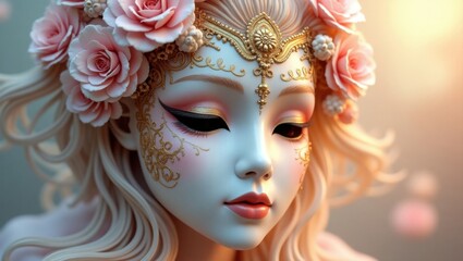 Enchanting Portrait of a Serene Woman Adorned with Delicate Roses and Gilded Ornaments