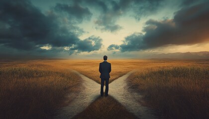A person stands at a crossroads in the field.