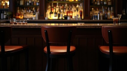 Cozy Bar Interior with Stools and Bottles Behind the Counter