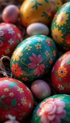 Naklejka premium Close-up of intricately decorated Easter eggs, various colors and designs, craft, pretty