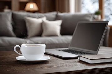 Fototapeta premium Cozy home office scene with laptop and coffee