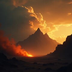 Dramatic mountain landscape illuminated by a vibrant fiery sunset casting long shadows across the rugged terrain with dramatic clouds gathering