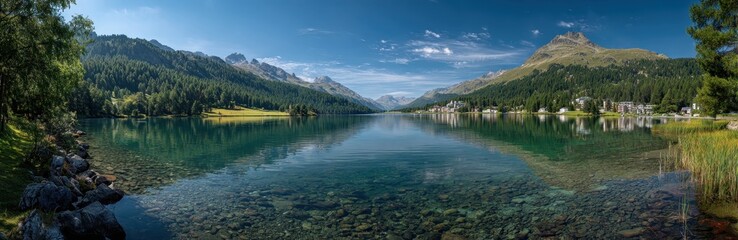 Obraz premium Serene mountain lake reflects village, clear water, sunny day, travel poster