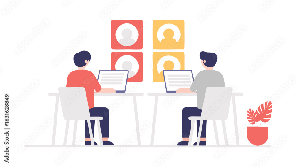 Aufkleber two people working on laptops with video call icons in the background in a bright and modern setting