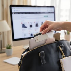 business woman working on laptop, hand taking a credit card out of a black leather handbag, with a computer and shopping website in the background