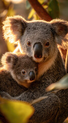 Koala Mother and Baby Cuddling