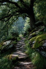 Stone path winds through mossy forest