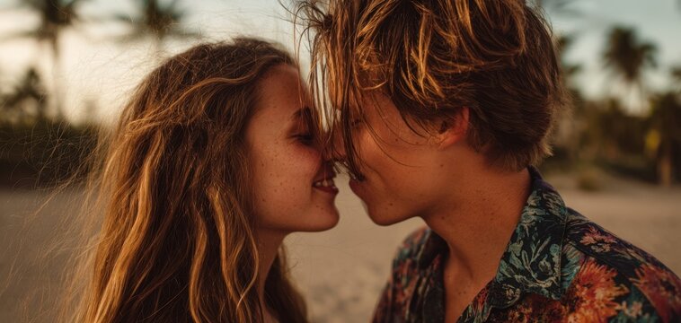 The romantic moment shared by a couple on a beautiful beach at sunset.