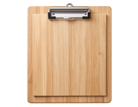 Wooden Exam Pad with Silver Clip, Vertical Orientation, Isolated on Transparent Background PNG