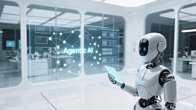 Robot with digital tablet managing Agentic AI system on futuristic holographic screen background