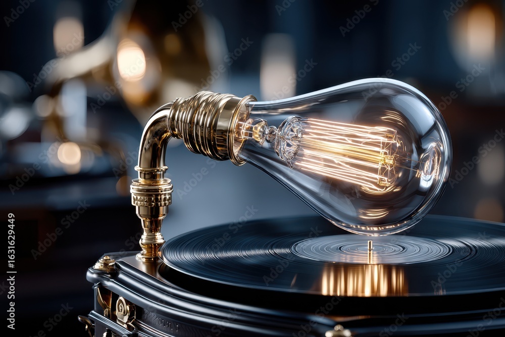 Poster vintage record player with elegant light bulb design on display in artistic setting