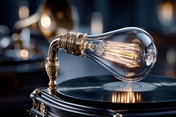 Vintage record player with elegant light bulb design on display in artistic setting