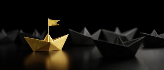 The golden origami boat leading the fleet of black paper vessels.