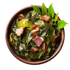 Cooked collard greens slow-cooked with crispy bacon slices served in wooden bowl, isolated on white transparent background