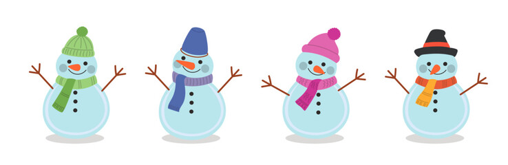Set of cheerful cartoon snowmen wearing colorful winter accessories – great for Christmas designs, greeting cards, and holiday-themed crafts.