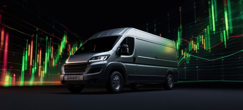 The modern delivery van surrounded by dynamic financial data visualization.