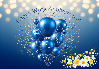 Celebrate a happy work anniversary with blue balloons, confetti, and flowers.