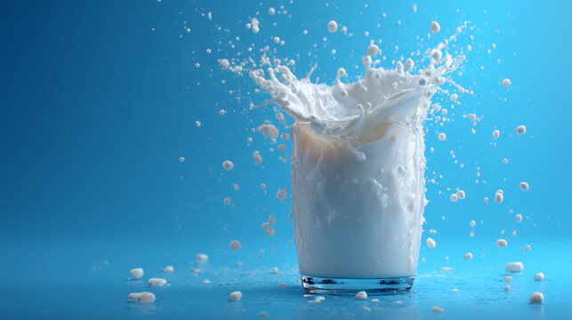 Glass of milk splashing with drops in mid air against blue background showing fresh breakfast energy concept - Powered by Adobe
