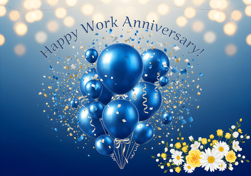 Celebrate a happy work anniversary with blue balloons, confetti, and flowers.