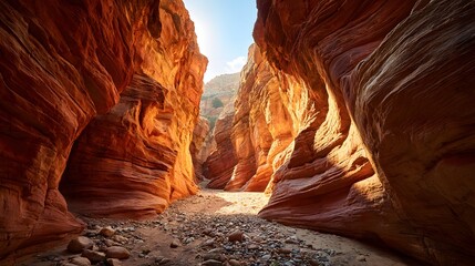 Sunlit Red Rock Canyon Slot with Textured Walls and Rocky Path
