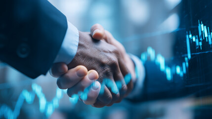 Business handshake with a financial graph overlay in blue tones symbolizing partnership and success