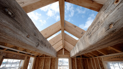 Wooden roof framing under construction against blue sky.