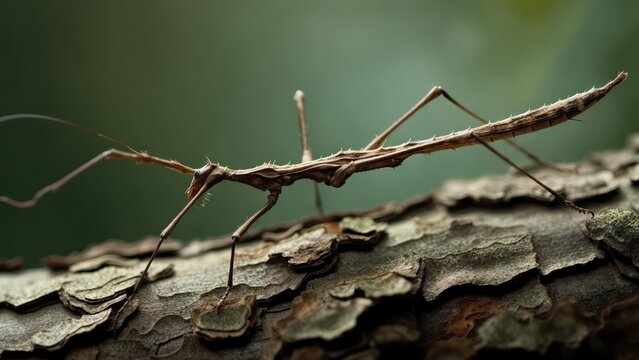Close-up of a stick insect on bark - Powered by Adobe