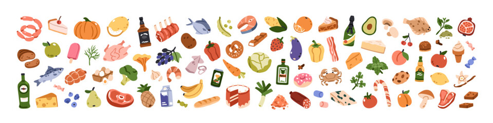Food and beverages icons set. Fruits and vegetables, seafood, meat, dairy products, bread and desserts. Alcohol drinks, candies and herbs. Flat vector illustration isolated on white background