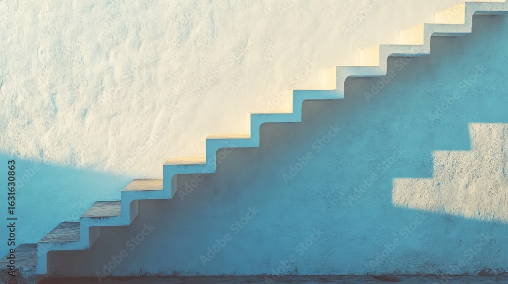 Poster minimalist white steps against a textured wall with blue shadows creating an abstract pattern design