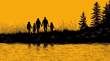 Silhouette of a family walking along a riverside at sunset.