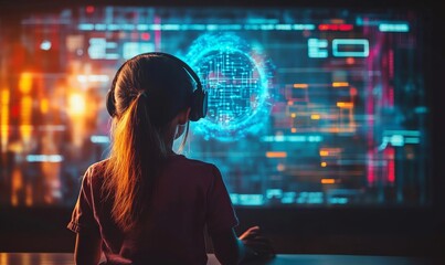 School student with VR headset interacting with AI technology and machine learning, enhancing classroom experiences. Focus on innovation, smart technology, education hologram, Generative AI