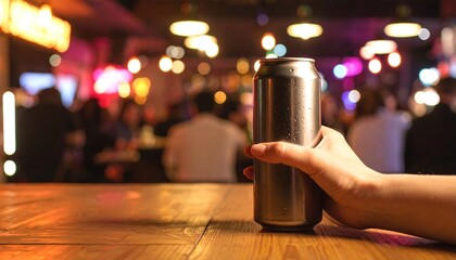 Hand Holding Chilled Beer Can in a Dimly Lit Bar Setting
