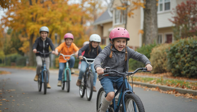 Four children wearing helmets ride bicycles on a suburban street in autumn. Kids enjoy outdoor activity and sunshine. They smile, showing friendship, freedom, and vigor during a carefree journey. - Powered by Adobe