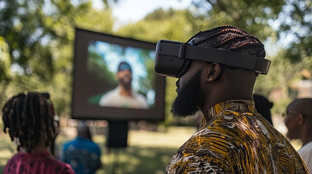 Man using vr headset outdoors with a screen displaying a person in the background at an event - Powered by Adobe
