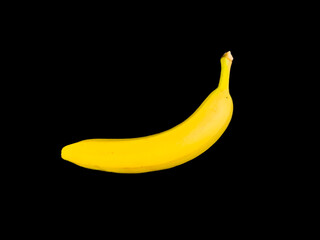 A banana is shown on a white background. It is yellow and has a stem. The banana is long and thin....