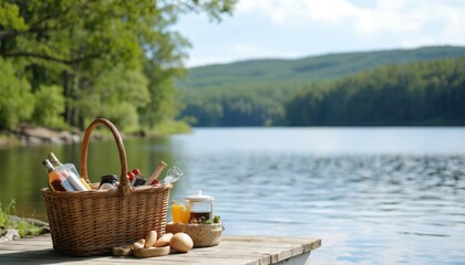 Wicker picnic basket filled with food, drink sits on wooden dock beside tranquil lake. Bottles, jars, bread visible. Trees, hills form rich green backdrop under clear blue sky, perfect for outdoor