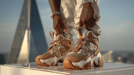 A stylish pair of futuristic sneakers on a platform with a stunning urban backdrop.