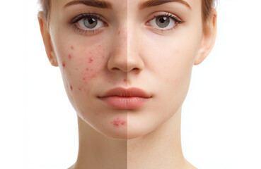 comparison portrait of same woman before and after cosmetic treatment and makeup on white background. Woman with skin problem. Dermatology concept.