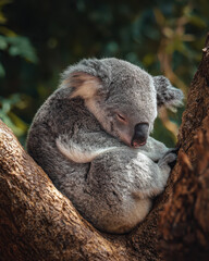 Obraz premium Koala Sleeping Curled Up on a Tree Trunk Isolated
