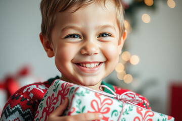 Happy Child Holding Christmas Gift