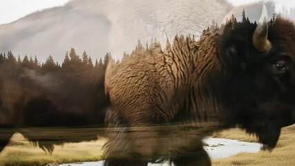 Majestic Bison in Natural Habitat with Forest Double Exposure on a Serene River Landscape with Lush Green Forest and Calm Water - Powered by Adobe