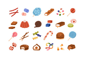 Candies and sweets. Confectionery desserts, sugar snacks. Gummy, jelly, chocolate bar, caramel, lollipop and bonbons, marshmallow. Confection set. Flat vector illustration isolated on white background