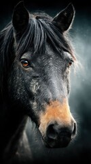 Fototapeta premium Majestic black horse with striking features standing against a soft blurred background