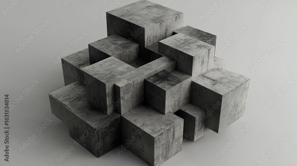 Aufkleber a concrete cube structure made of smaller cubes on a white surface in a studio setting