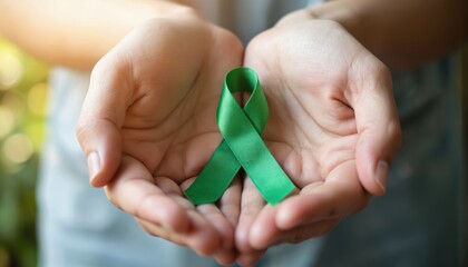 Hands hold green ribbon promoting mental health awareness. Soft focus background, warm natural light create supportive atmosphere. Symbol of solidarity, empathy, compassion, care, wellness, advocacy,