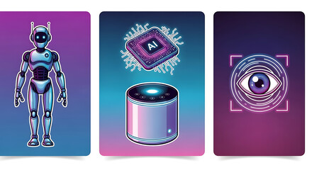 Futuristic Technology Elements: AI Robot, Smart Speaker and Biometric Eye Scan