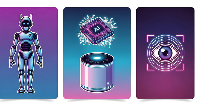 Futuristic Technology Elements: AI Robot, Smart Speaker and Biometric Eye Scan