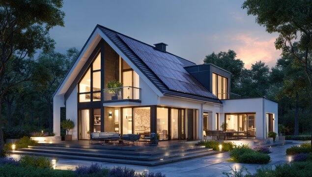 Modern house, solar panels, dusk, garden, suburban